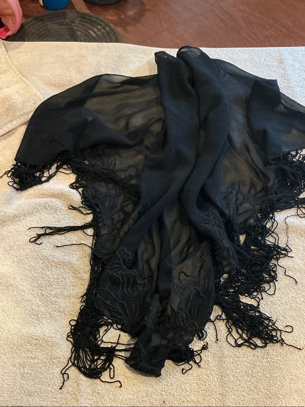 Cejon Black Sheer Fringe Swim Sarong Wrap